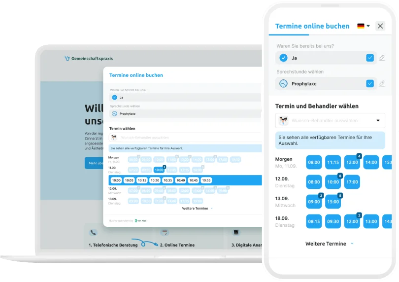 Booking-Widget von Dr. Flex Mobile und Desktop Versionen in Praxisfarben