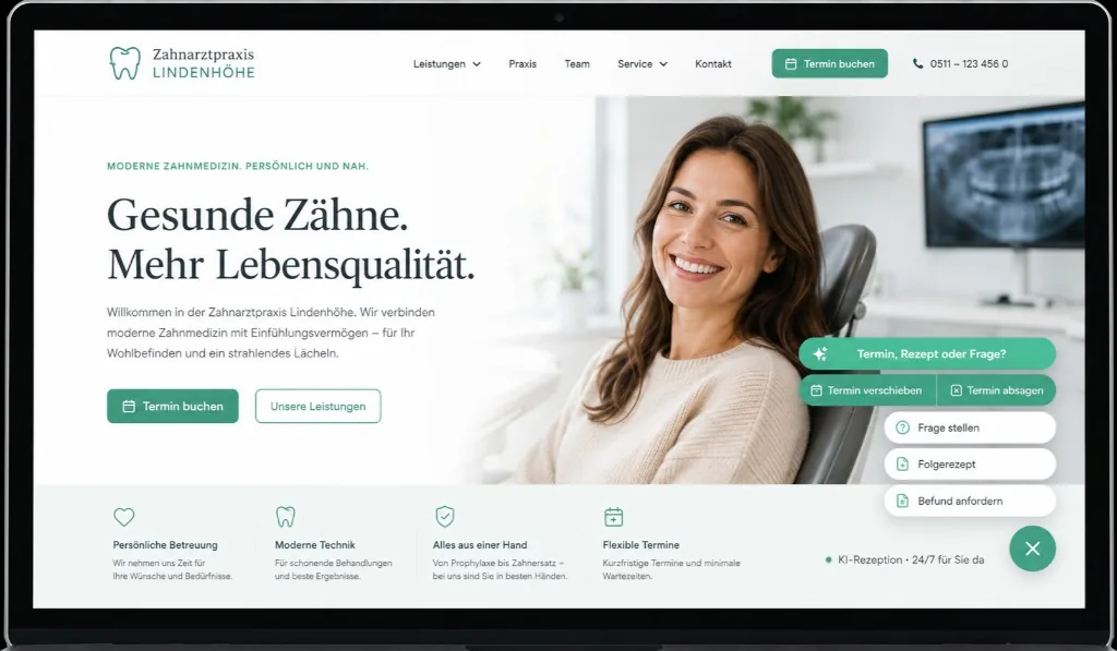 Dr. Flex WebAI auf der Praxiswebsite – Laptop mit Schnellmenü für Termin, Rezept und Fragen