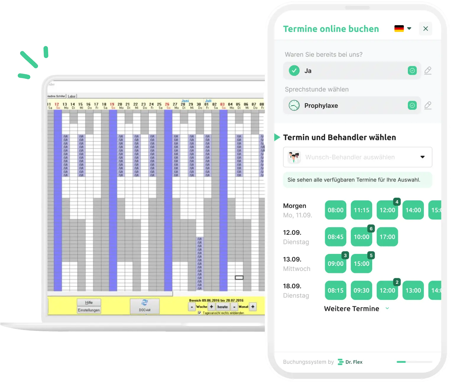 Terminübertragung zwischen den Praxiskalender von Frey Quincy und Booking-Widget von Dr. Flex