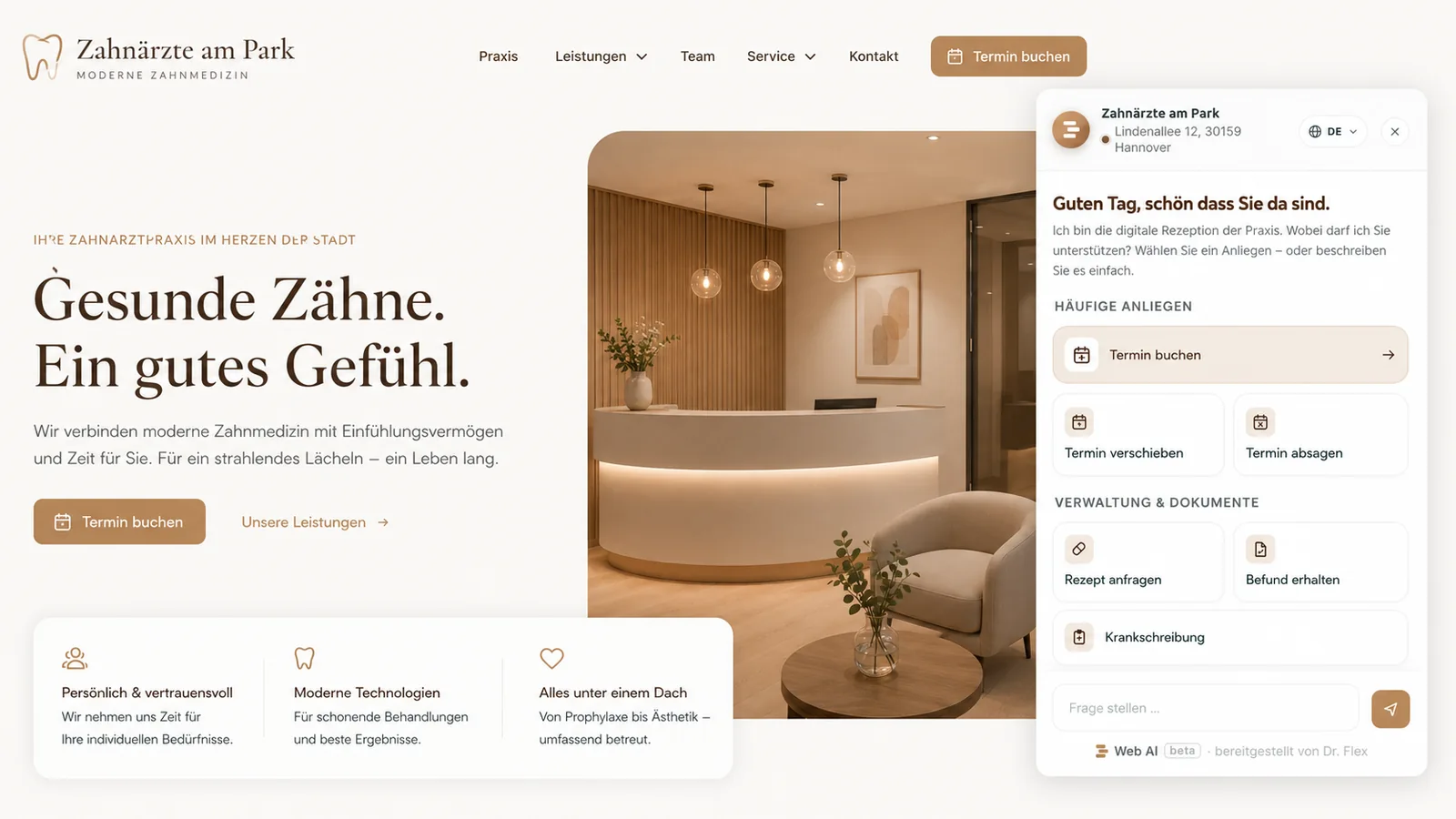 Dr. Flex WebAI im Design der Praxis – Rezept anfragen, Befund erhalten und Krankschreibung direkt auf der Website