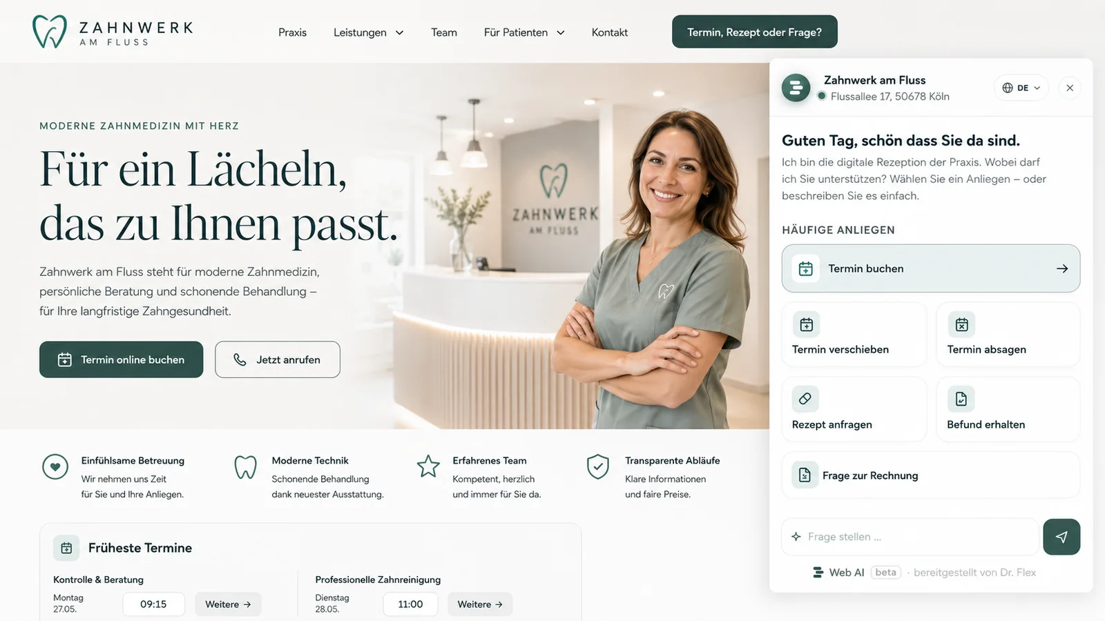 Dr. Flex WebAI als zentraler Zugang auf der Praxiswebsite – Termine, Rezepte, Befunde und Rechnungsfragen in einem Panel