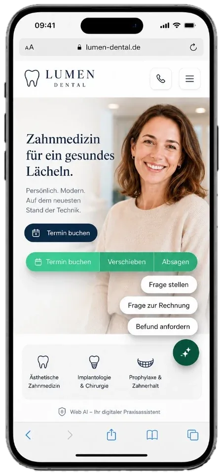 Dr. Flex WebAI auf dem Smartphone – Schnellmenü für Termin, Rezept und Fragen auf der Praxiswebsite