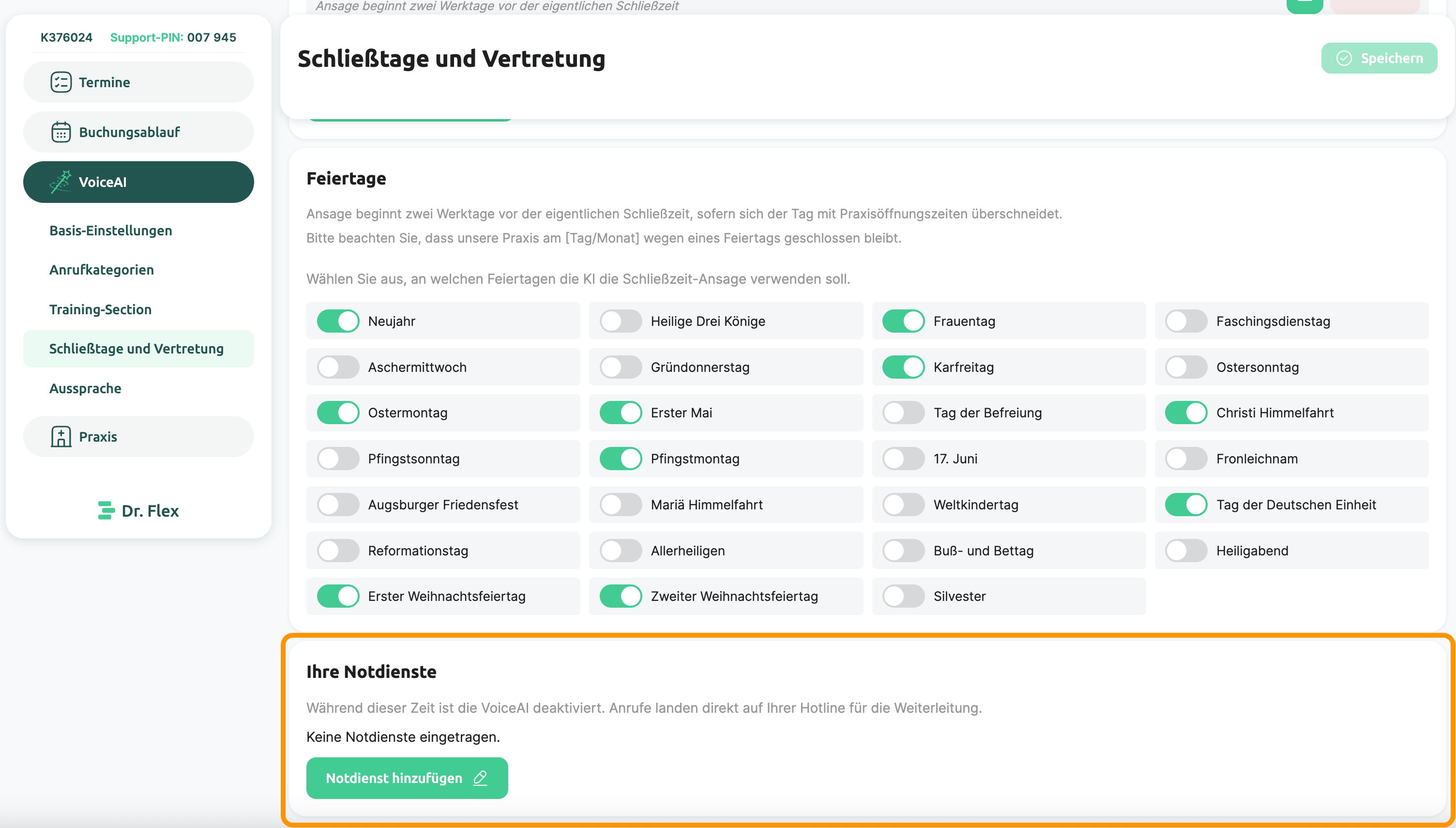 Notdienstzeiten im VoiceAI-Bereich Schließtage und Vertretung