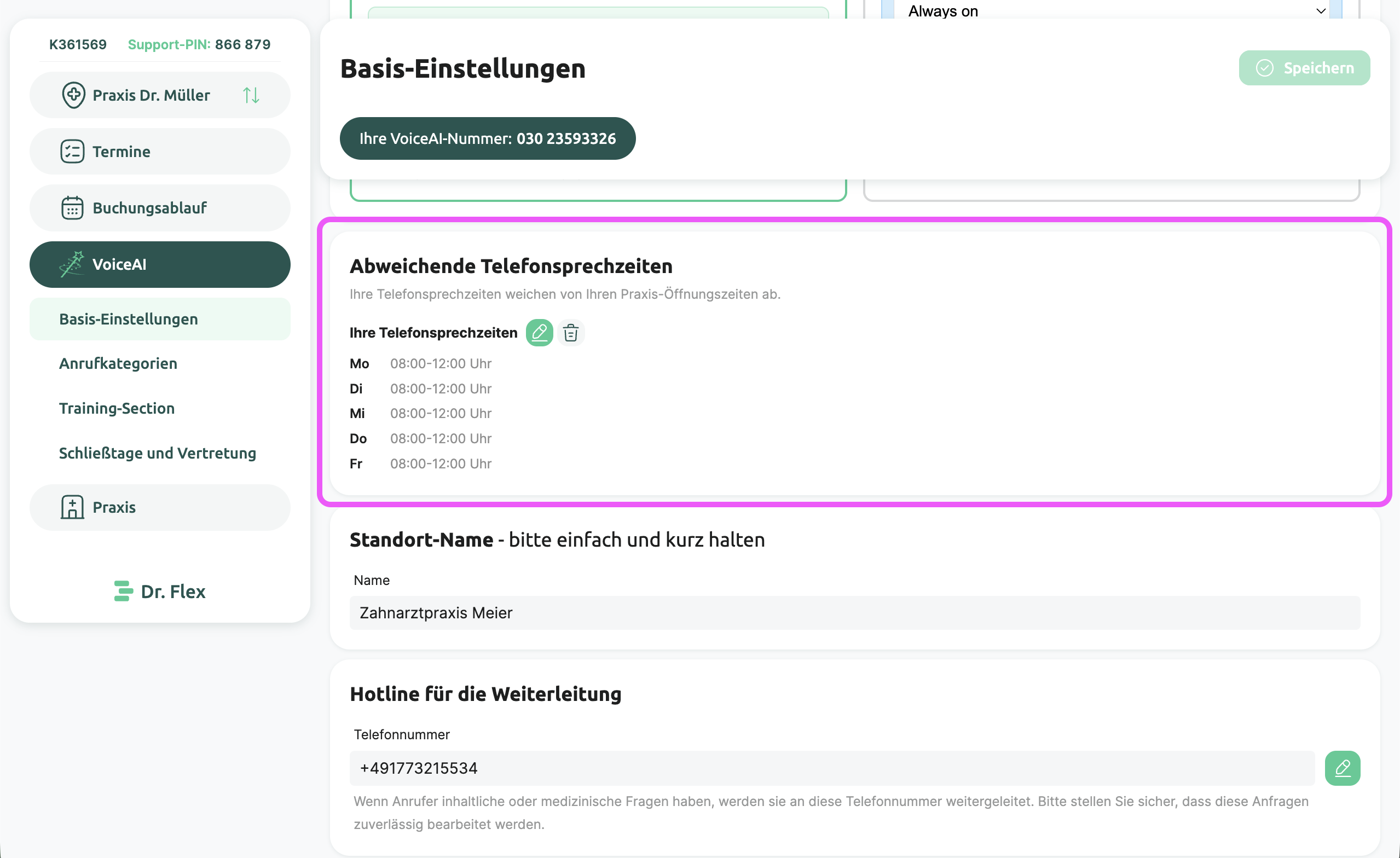 Abweichende Telefonsprechzeiten in den VoiceAI-Einstellungen