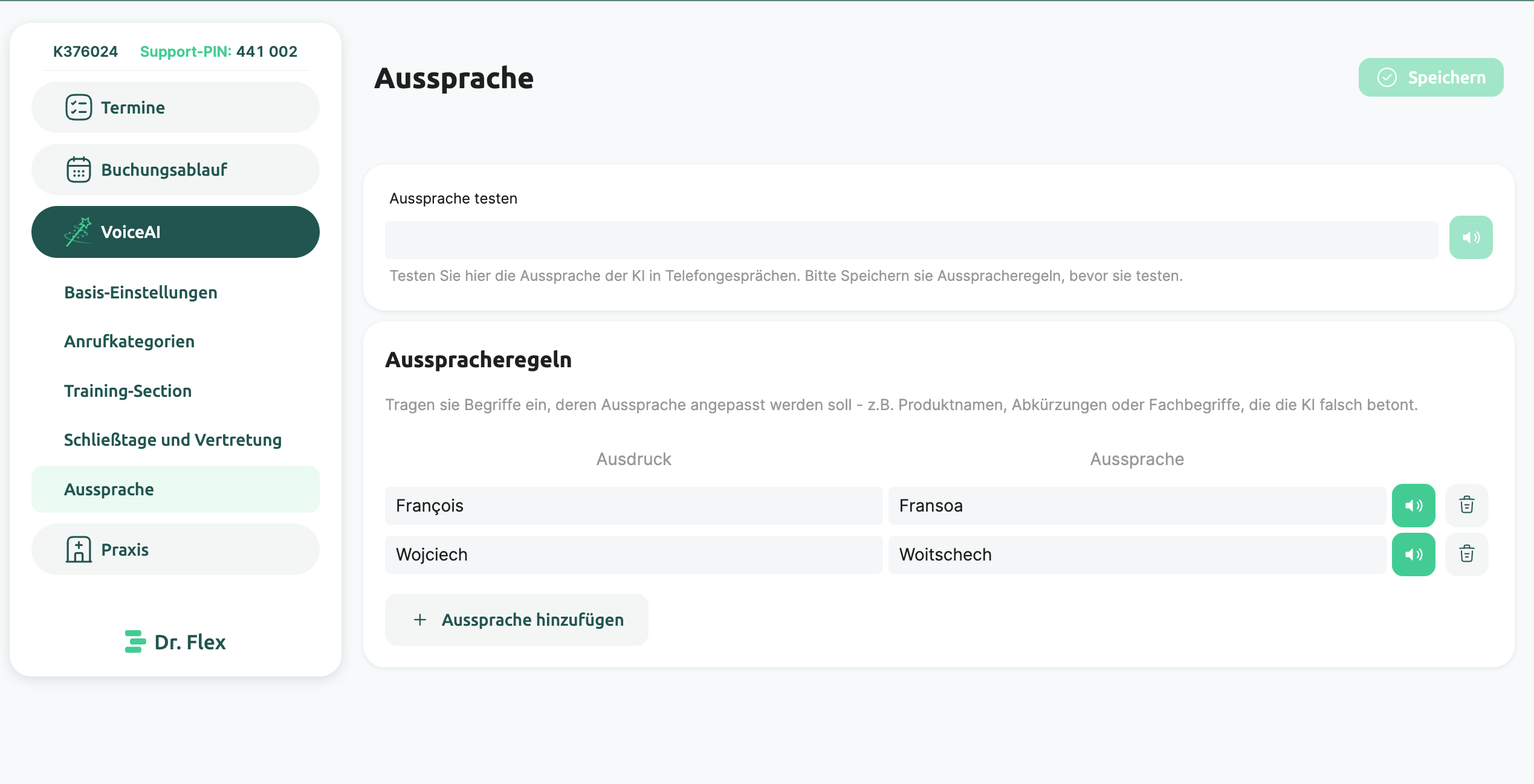 Ausspracheregeln im VoiceAI-Bereich des Praxiskonfigurators